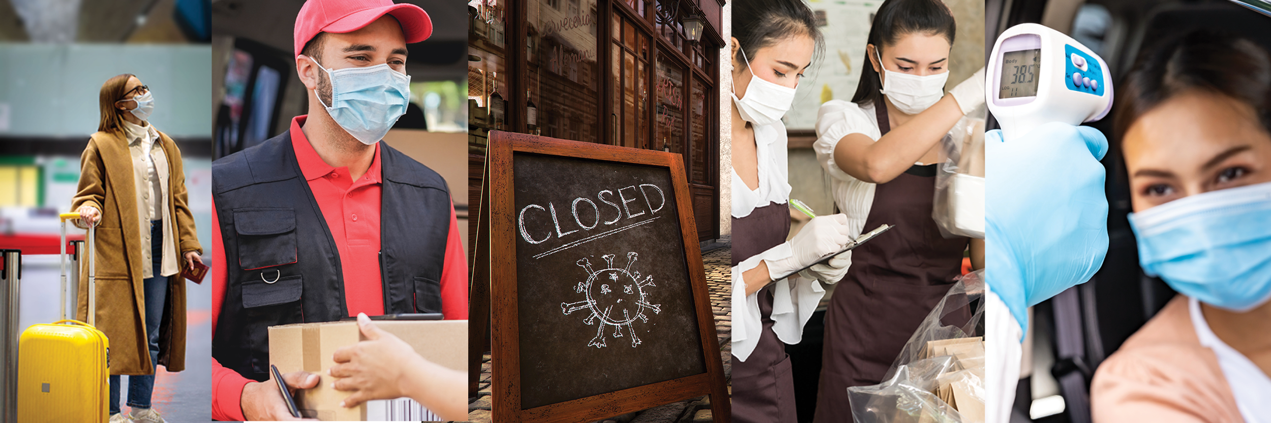 Shows images of various types of businesses adapting to the pandemic